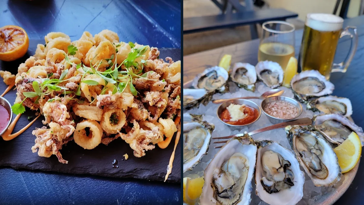 Plates of seafood on a laid-back table.