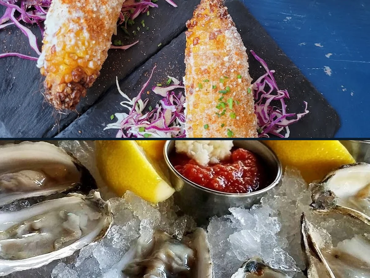 Plates of seafood on a laid-back table.